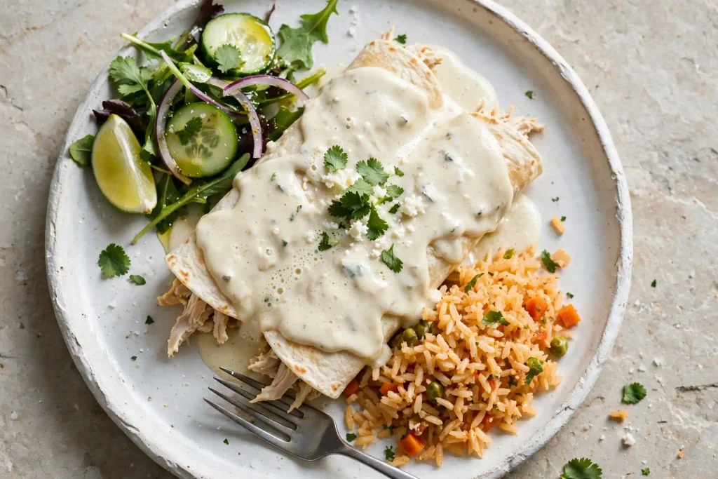 Chicken Enchiladas: Easy Creamy White Sauce Version 7 Chicken Enchiladas with rice