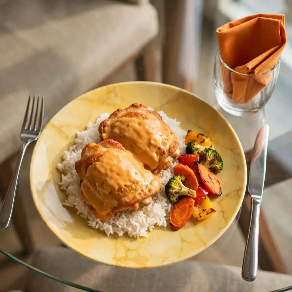 Easy Creamy Paprika Chicken Thighs with Mashed Potatoes 7 chicken thighs with rice and roasted vegetables salad