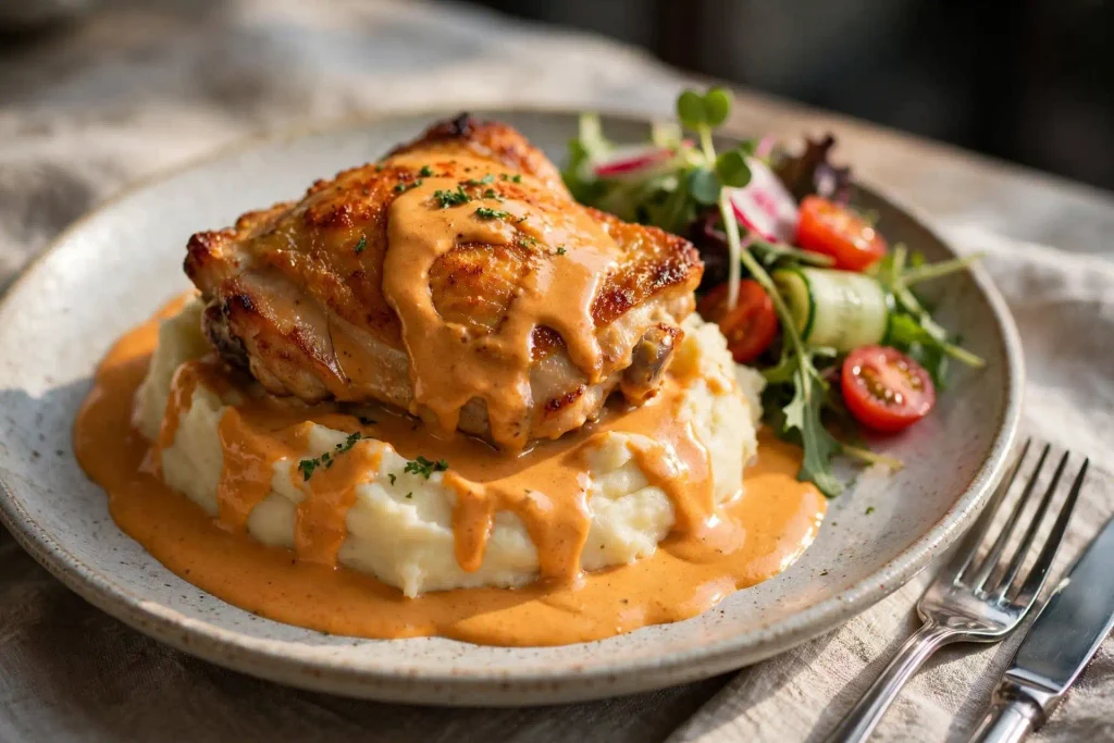 Easy Creamy Paprika Chicken Thighs with Mashed Potatoes 2 chicken with mashed potatoes