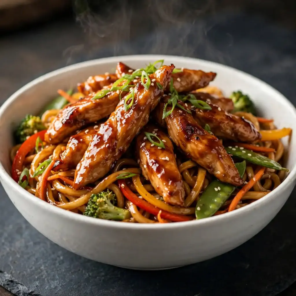 Crispy Teriyaki Chicken Strips with a Sticky Honey Glaze 8 chicken noodles chicken strips with lo mein or udon