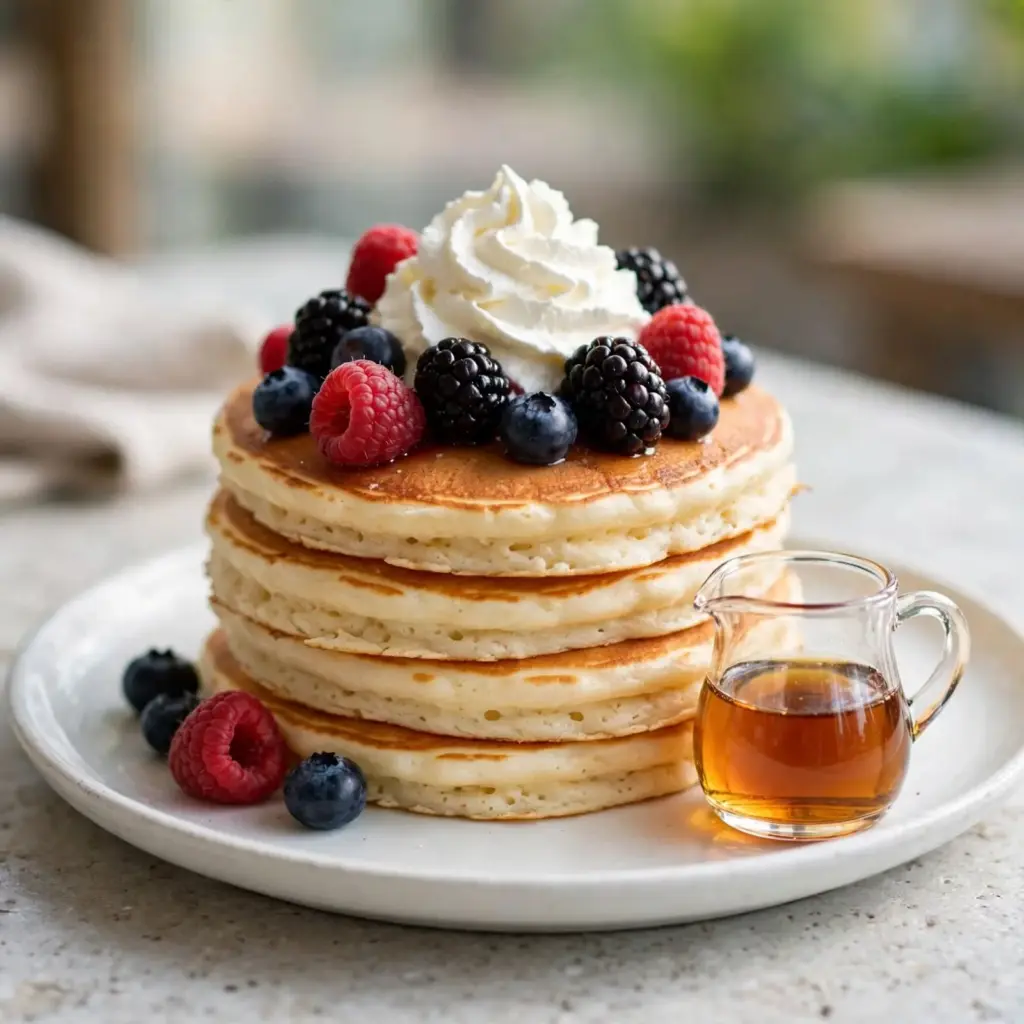 Soft Sweet Pancakes (Easy, Fluffy, and Ready in Under 30 Minutes) 6 sweet pancakes with whipped cream and mixed berries
