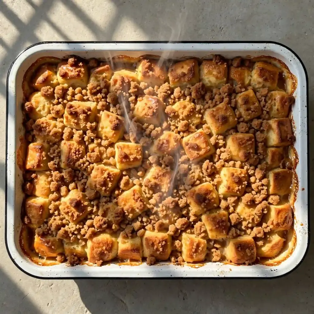 Easy French Toast Casserole (Make-Ahead Breakfast Bake) 5 Golden baked breakfast casserole with crumb topping and steam rising from the dish