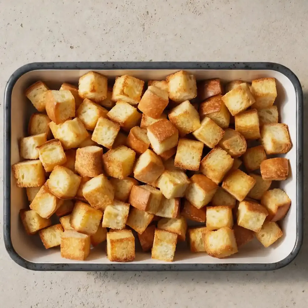 Easy French Toast Casserole (Make-Ahead Breakfast Bake) 3 Toasted brioche cubes packed into a white enamel baking dish