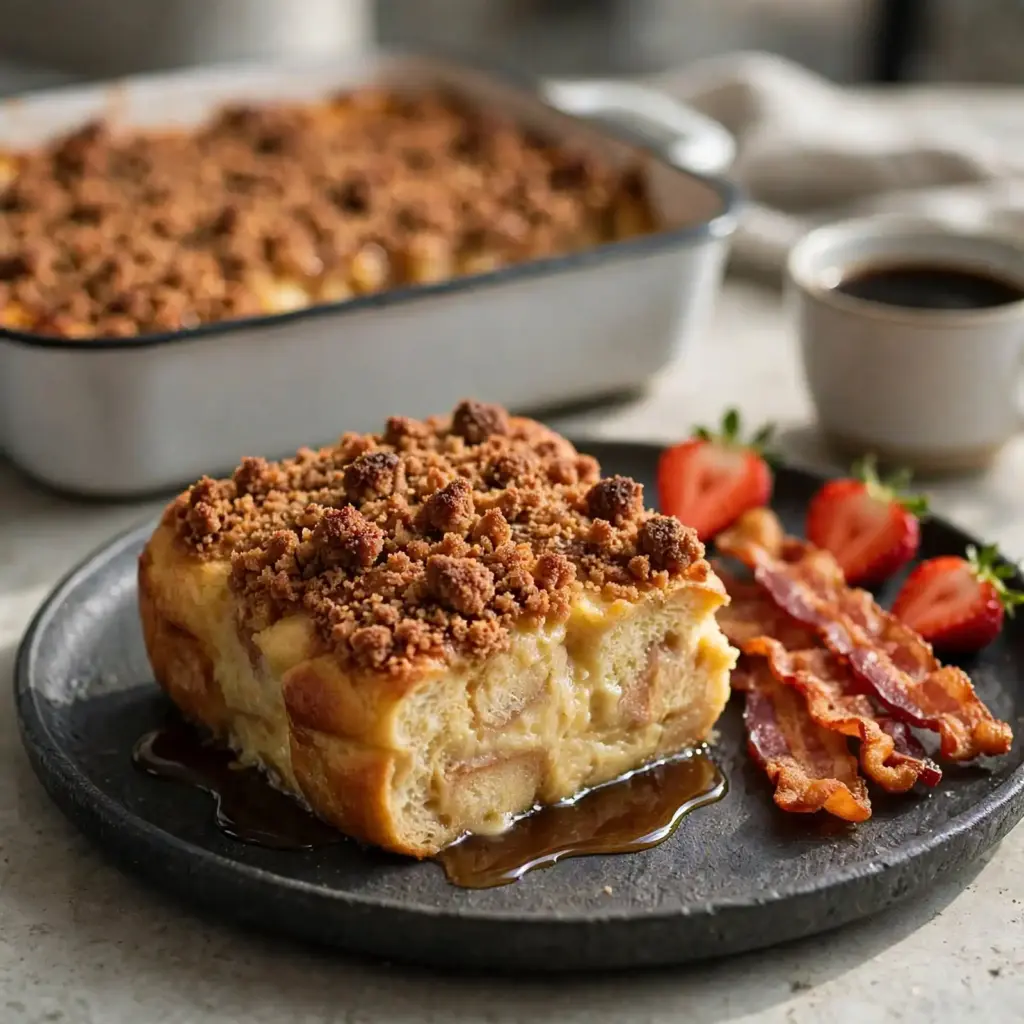 Easy French Toast Casserole (Make-Ahead Breakfast Bake) 8 Serving of baked French toast with maple syrup, strawberries, and crispy bacon