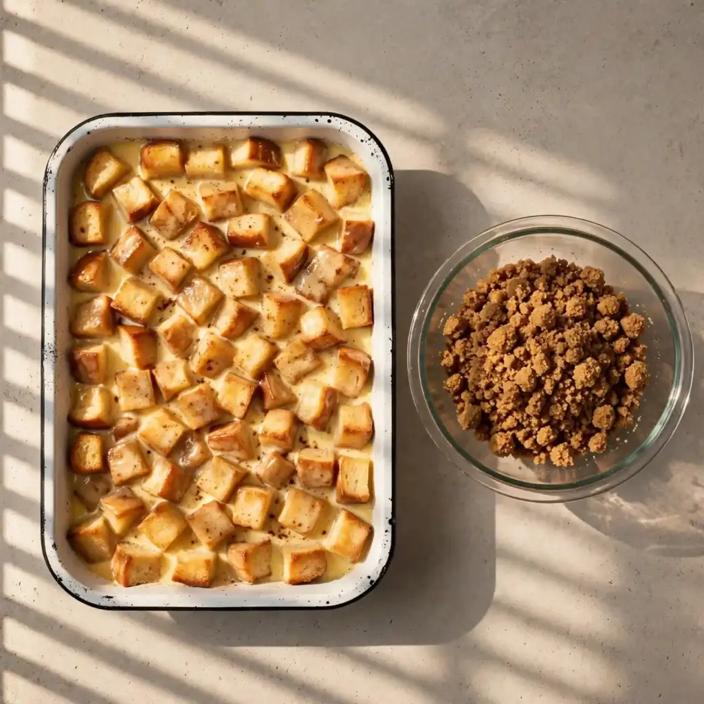 Easy French Toast Casserole (Make-Ahead Breakfast Bake) 4 Custard-soaked bread cubes in a baking dish next to a bowl of brown sugar streusel