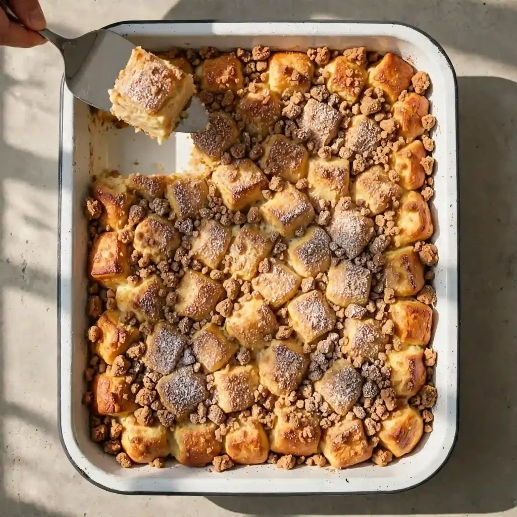 Easy French Toast Casserole (Make-Ahead Breakfast Bake) 2 Baked French toast casserole with a serving lifted from the corner on a spatula