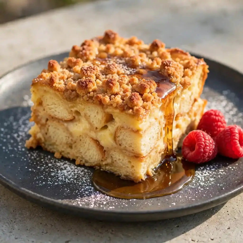 Easy French Toast Casserole (Make-Ahead Breakfast Bake) 6 Slice of custardy baked French toast with crumb topping, maple syrup, and raspberries