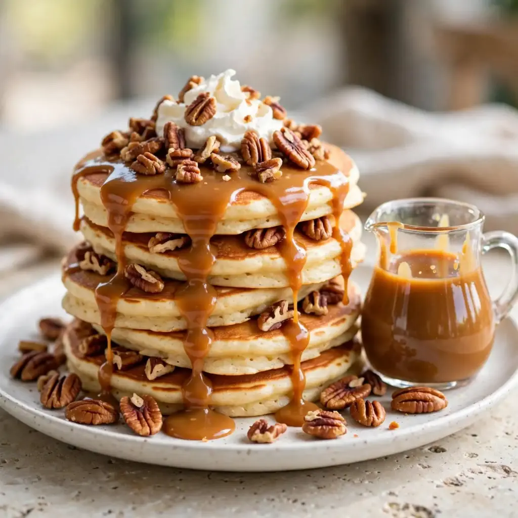 Soft Sweet Pancakes (Easy, Fluffy, and Ready in Under 30 Minutes) 7 sweet pancakes with caramel and crunchy pecans
